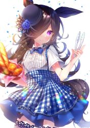 Rule 34 | 1girl, animal ears, apron, black hat, black thighhighs, blue flower, blue rose, blue skirt, bread, brown hair, buttons, checkered apron, checkered clothes, closed mouth, cowboy shot, flower, food, hair over one eye, hat, hat flower, highres, holding, horse ears, horse girl, horse tail, ko yu, kobeya uniform, long hair, plaid, plaid apron, purple eyes, rice shower (umamusume), rose, short sleeves, simple background, skirt, smile, solo, tail, thighhighs, tilted headwear, twitter username, umamusume, white background