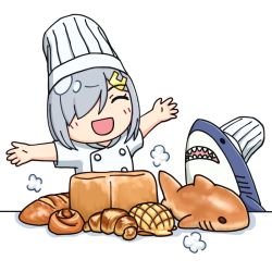 Rule 34 | 1girl, bread, chef hat, chef, commentary request, closed eyes, food, hair ornament, hair over one eye, hairclip, hama! (3toshinhmkz), hamakaze (kancolle), hat, kantai collection, outstretched arms, shark, short hair, silver hair, simple background, toque blanche, upper body, white background