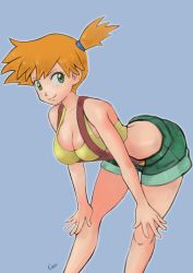 Rule 34 | 1girl, asymmetrical hair, bent over, blush, breasts, chron0sx, closed mouth, creatures (company), denim, denim shorts, eyelashes, game freak, green eyes, gym leader, hair between eyes, hair tie, highres, looking at viewer, misty (pokemon), nintendo, orange hair, pokemon, pokemon (anime), pokemon (classic anime), ponytail, shirt, short hair, short shorts, shorts, side ponytail, smile, solo, suspenders, tank top, yellow shirt, yellow tank top