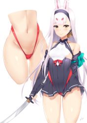 Rule 34 | 1girl, animal ears, azur lane, bare shoulders, blush, breasts, brown eyes, covered navel, cowboy shot, gluteal fold, groin, hairband, highleg, highleg panties, highres, holding, holding sword, holding weapon, katana, kuavera, long hair, long sleeves, looking at viewer, navel, panties, panties over clothes, rabbit ears, red panties, shimakaze (azur lane), signature, simple background, skirt, small breasts, sword, thick eyebrows, underwear, very long hair, weapon, white background, white hair, wide hips