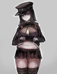 Rule 34 | 10s, 1girl, akitsu maru (kancolle), belly, black hair, black skirt, black thighhighs, breasts, bursting breasts, cleavage, clothes lift, colored skin, cowboy shot, female focus, hat, highres, kantai collection, large breasts, lifted by self, looking at viewer, military, military uniform, miniskirt, navel, open clothes, peaked cap, pink eyes, pleated skirt, plump, shirt lift, short hair, simple background, skirt, solo, sumisu (mondo), thigh gap, thighhighs, unbuttoned, uniform, white skin