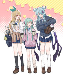 Rule 34 | 3girls, absurdres, aqua hair, bag, black socks, blonde hair, blue eyes, blue jacket, blue skirt, bow, bowtie, brown bag, brown cardigan, brown footwear, cardigan, closed eyes, clothes around waist, collared shirt, commentary request, cup, disposable cup, elira pendora, finana ryugu, fins, flower, full body, green bow, green hair, hair flower, hair ornament, hair over one eye, hairclip, head fins, head wings, highres, holding, holding cup, jacket, jacket around waist, kneehighs, kyouno, lazulight, leg warmers, loafers, long hair, long sleeves, looking at another, low wings, multicolored background, multiple girls, nijisanji, nijisanji en, open mouth, pink background, pink cardigan, plaid, plaid skirt, pleated skirt, pointy ears, pomu rainpuff, purple flower, purple rose, red eyes, rose, school bag, shirt, shoes, skirt, sleeves past fingers, sleeves past wrists, smile, socks, virtual youtuber, white background, white shirt, white socks, wings, yellow background