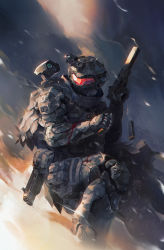 Rule 34 | 1boy, army, blood, blurry, blurry background, commentary, english commentary, fire, gun, halo (series), helmet, highres, holding, holding weapon, male focus, mar-c!, master chief, night, night sky, outdoors, science fiction, sky, weapon