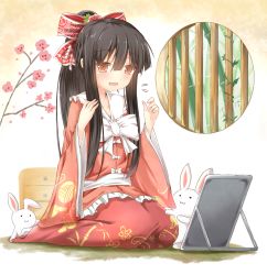 Rule 34 | 1girl, :3, alternate hairstyle, bamboo, black hair, blush, bow, brown eyes, rabbit, cherry blossoms, efe, female focus, floral print, flower, flying sweatdrops, hair bow, hair flower, hair ornament, houraisan kaguya, japanese clothes, kneeling, long hair, md5 mismatch, mirror, open mouth, plant, ponytail, revision, round window, seiza, shirt, sitting, skirt, smile, solo, touhou, twig, vines, window