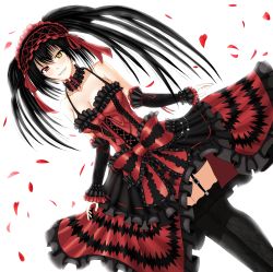 Rule 34 | 1girl, absurdres, bare shoulders, black hair, blush, breasts, choker, cleavage, clock eyes, collarbone, date a live, detached sleeves, dutch angle, evgenvas, garter straps, hair over one eye, highres, lace, lace choker, maid headdress, medium breasts, neck ribbon, petals, red eyes, red ribbon, ribbon, smile, solo, symbol-shaped pupils, thighhighs, thighs, tokisaki kurumi, twintails, white background, yellow eyes