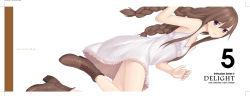Rule 34 | 1girl, bad id, bad pixiv id, bare shoulders, boots, braid, brown hair, collarbone, couzone, dress, hair ribbon, long hair, looking at viewer, low twintails, original, purple eyes, ribbon, simple background, sleeveless, sleeveless dress, solo, sundress, twin braids, twintails, white background, white dress