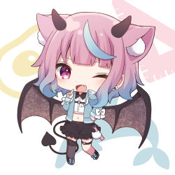 Rule 34 | 1girl, ;d, absurdres, animal ear fluff, animal ears, black footwear, black skirt, blue bow, blue hair, blue jacket, bow, brown wings, chibi, collared shirt, demon girl, demon horns, demon tail, demon wings, dress shirt, ear piercing, earrings, fang, frilled skirt, frills, full body, gradient hair, grey thighhighs, heart o-ring, highres, horns, iriam, jacket, jewelry, long sleeves, midriff, multicolored hair, navel, official art, one eye closed, open clothes, open jacket, open mouth, piercing, pink hair, purple eyes, sakuma miku, sapphire (sapphire25252), shirt, shoes, skirt, sleeves past wrists, smile, solo, standing, standing on one leg, stud earrings, tail, thigh strap, thighhighs, virtual youtuber, white background, white bow, white shirt, wings