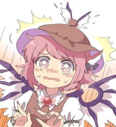 Rule 34 | 1girl, ^^^, animal ears, bad id, bad twitter id, bird ears, brown hat, brown vest, crying, crying with eyes open, fingernails, grey nails, hat, juliet sleeves, long sleeves, mystia lorelei, nail polish, pink eyes, pink hair, puffy sleeves, sasa kichi, scared, sharp fingernails, shirt, solo, tears, touhou, vest, wavy mouth, white shirt, wide-eyed, wing collar