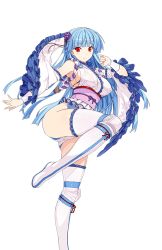 Rule 34 | 1girl, armpits, ass, bare shoulders, blue hair, blunt bangs, boots, breasts, detached sleeves, flower, frilled sleeves, frills, hair flower, hair ornament, hairband, himukai kyousuke, japanese clothes, large breasts, leg lift, long hair, looking at viewer, obi, official art, red eyes, ring dream, sasaki yukime, sash, smile, solo, transparent background, wrestling outfit, yuki onna (ring dream)