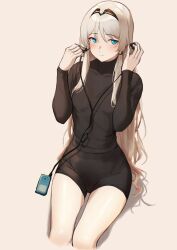 Rule 34 | 1girl, 3 small spiders, absurdres, an-94 (girls&#039; frontline), black hairband, black shorts, black sweater, blonde hair, blue eyes, blush, brown background, closed mouth, commentary request, cropped legs, digital media player, earphones, earrings, girls&#039; frontline, hairband, highres, holding, holding earphones, jewelry, long hair, short shorts, shorts, simple background, smile, solo, sweater, very long hair