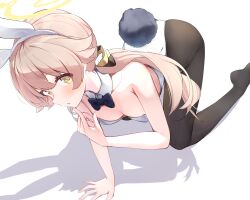 Rule 34 | 1girl, alternate costume, animal ears, ass, black pantyhose, blonde hair, blue archive, blue bow, blue bowtie, blush, bow, bowtie, breasts, collar, commentary, detached collar, fake animal ears, halo, hifumi (blue archive), highres, leaning forward, leotard, looking at viewer, low twintails, open mouth, pantyhose, playboy bunny, rabbit ears, shadow, simple background, small breasts, soles, solo, strapless, strapless leotard, twintails, white background, white collar, white leotard, wing hair ornament, yamada auto, yellow eyes, yellow halo