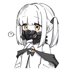 Rule 34 | 1girl, black mask, blue archive, dress, ein (blue archive), fami miminmin, highres, mask, medium hair, respirator, simple background, solo, symbol-shaped pupils, two side up, upper body, white background, white dress, white hair, x-shaped pupils, yellow eyes