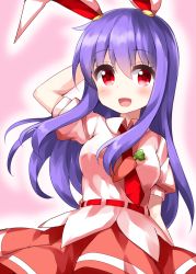 Rule 34 | 1girl, animal ears, arm behind head, belt, carrot, collared shirt, earclip, hair between eyes, highres, long hair, looking at viewer, necktie, open mouth, pink background, puffy short sleeves, puffy sleeves, purple hair, rabbit ears, red belt, red eyes, red necktie, red skirt, reisen udongein inaba, ruu (tksymkw), shirt, short sleeves, simple background, skirt, smile, solo, touhou, white shirt
