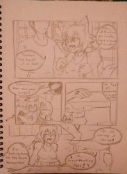 Rule 34 | 10s, 1boy, 1girl, ?, absurdres, animal ears, blush, claws, clenched hand, clenched hands, collar, comic, digging, dog ears, dog girl, english text, excited, closed eyes, faceless, faceless male, fang, fangs, furry, furry female, graphite (medium), happy, highres, jewelry, monochrome, monster girl, monster musume no iru nichijou, no bra, open mouth, polt, ring, short hair, sketch, smile, speech bubble, spoken question mark, sports bra, sportswear, text focus, traditional media, wedding band, wet nose, zapotecdarkstar