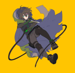 Rule 34 | 1boy, black footwear, bodysuit, brown hair, cape, closed mouth, copyright request, enkyo yuuichirou, fighting stance, full body, green cape, green eyes, hair between eyes, highres, holding, holding whip, hood, hooded cape, looking at viewer, male focus, medium hair, simple background, solo, yellow background