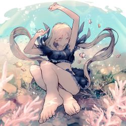 Rule 34 | 1girl, air bubble, armpits, arms up, bare legs, barefoot, black skirt, bubble, closed mouth, coral, crop top, feet, fish, floating hair, frills, light smile, long hair, looking at viewer, midriff, miyanoyori, original, skirt, solo, thighs, toes, tsurime, underwater