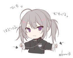 Rule 34 | 1girl, :3, ahoge, arrow (symbol), black shirt, blush, chibi, closed mouth, collared shirt, cropped torso, dress shirt, grey hair, hair between eyes, heart, holding, kuroi (liar-player), long hair, long sleeves, looking at viewer, original, purple eyes, shirt, simple background, sleeves past wrists, solo, translation request, twintails, twitter username, upper body, white background