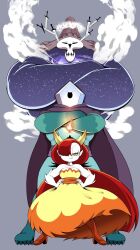 Rule 34 | 1girl, 2boys, breasts, cape, cleavage, cocco (cocco1192), colored sclera, crystal, cyclops, disney, dress, full body, grey background, hair over one eye, half-closed eyes, hekapoo, highres, looking at viewer, medium breasts, monster, multiple boys, one-eyed, orange eyes, red hair, skull, space, standing, star vs the forces of evil, sword, volcano, weapon, yellow dress, yellow sclera