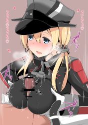 Rule 34 | 10s, 1girl, anchor hair ornament, bar censor, blonde hair, blue eyes, blush, breasts, breasts squeezed together, censored, gloves, hair ornament, hat, heavy breathing, kantai collection, kichihachi, large breasts, long hair, long sleeves, military, military uniform, motion lines, open mouth, out of frame, paizuri, paizuri over clothes, peaked cap, penis, precum, prinz eugen (kancolle), simple background, solo focus, text focus, translation request, twintails, uniform, wet, wet clothes, white gloves