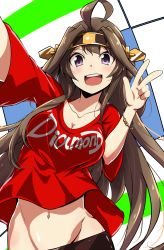 Rule 34 | 1girl, ahoge, alternate costume, breasts, brown hair, clothes writing, commentary request, double bun, hairband, highres, kantai collection, kongou (kancolle), large breasts, long hair, midriff, navel, purple eyes, red shirt, shirt, short sleeves, solo, t-shirt, tanashi (mk2), v