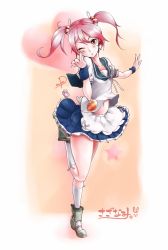 Rule 34 | 10s, 1girl, apron, badge, rabbit, rabbit hair ornament, button badge, full body, hair bobbles, hair ornament, kantai collection, navel, one eye closed, owju (ouju), pink eyes, pink hair, puffy sleeves, remodel (kantai collection), sazanami (kancolle), sazanami kai (kancolle), school uniform, serafuku, short hair, signature, solo, standing, standing on one leg, twintails, wrist cuffs