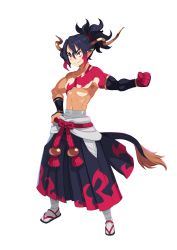 Rule 34 | 1boy, absurdres, bandages, black hair, clenched hand, demon boy, disgaea, fuji (disgaea), full body, hakama, hand on own hip, highres, horns, japanese clothes, long hair, makai senki disgaea 7, multicolored hair, muscular, muscular male, nagano tsukasa, official art, outstretched arm, photoshop (medium), pointy ears, ponytail, red eyes, red hair, simple background, smile, solo, standing, tail, tattoo, topless male, two-tone hair, white background