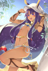 Rule 34 | 1girl, :d, adjusting hair, animal ears, annojou haruto, breasts, commentary request, dark skin, dark-skinned female, covered erect nipples, fate/grand order, fate (series), long hair, looking at viewer, medium breasts, navel, nitocris (fate), open mouth, purple eyes, purple hair, smile, solo, underboob, very long hair