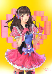 Rule 34 | 10s, 1girl, 2016, absurdres, adapted costume, alternate costume, alternate eye color, animal print, artist name, black thighhighs, breasts, brown hair, character name, corset, cowboy shot, cropped jacket, cube, d.va (overwatch), dated, facepaint, facial mark, frilled gloves, frilled skirt, frilled sleeves, frills, gloves, hands up, headphones, heart, highres, holding, holding microphone, idol, index finger raised, jacket, legs apart, long hair, looking at viewer, medium breasts, microphone, music, open mouth, overwatch, overwatch 1, pink eyes, pink jacket, pink skirt, puffy short sleeves, puffy sleeves, purple shirt, rabbit print, ribbon, sash, shirt, short sleeves, singing, skirt, solo, talking, thighhighs, whisker markings, yuzu-chan (isisisisisisis)