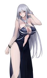 Rule 34 | 1girl, adjusting hair, ak-12 (girls&#039; frontline), ak-12 (quiet azure) (girls&#039; frontline), bare shoulders, blue dress, blush, breasts, cleavage, closed mouth, clothing cutout, commentary request, dress, evening gown, feet out of frame, girls&#039; frontline, grey hair, halterneck, highres, large breasts, light smile, long hair, looking at viewer, navel, navel cutout, official alternate costume, purple eyes, sidelocks, simple background, sleeveless, sleeveless dress, solo, swavigg, unusually open eyes, white background, wristband