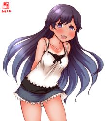 Rule 34 | 1girl, alternate costume, arms behind back, artist logo, bare legs, black hair, blouse, blue skirt, blush, breasts, collarbone, cowboy shot, dated, frilled skirt, frills, hair between eyes, highres, i-400 (kancolle), kanon (kurogane knights), kantai collection, long hair, looking at viewer, open mouth, purple eyes, shirt, signature, simple background, skirt, sleeveless, small breasts, smile, solo, tan, tanline, teeth, tongue, white background, white shirt