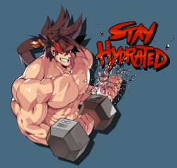 Rule 34 | 1boy, abs, bara, bare pectorals, brown hair, cropped torso, dumbbell, english text, guilty gear, headgear, large pectorals, long hair, looking at viewer, male focus, muscular, na insoo, nipples, pectorals, ponytail, shiny skin, simple background, sol badguy, solo, spiked hair, splashing, topless male, water, yellow eyes