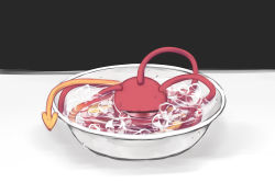 Rule 34 | bowl, commentary request, drooping, eyeball, eyelashes, full body, half-closed eye, highres, ice, ice cube, in water, indoors, komeiji satori, looking away, looking down, no humans, partially submerged, ripples, solo, touhou, water, water drop