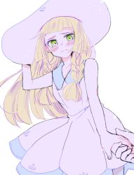 Rule 34 | 1girl, atsumi yoshioka, bare arms, blonde hair, blunt bangs, blush, braid, closed mouth, collarbone, collared dress, commentary request, creatures (company), dress, eyelashes, frown, game freak, green eyes, hat, holding hands, lillie (pokemon), long hair, looking down, nintendo, pokemon, pokemon sm, see-through, simple background, sleeveless, sleeveless dress, sun hat, sundress, twin braids, white background, white dress, white headwear
