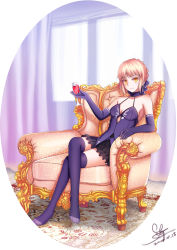Rule 34 | 1girl, absurdres, artoria pendragon (all), artoria pendragon (fate), black skirt, blonde hair, breasts, cleavage, crossed legs, cup, cupping glass, cutout above navel, dated, dress, drinking glass, elbow gloves, fate/hollow ataraxia, fate (series), gloves, hair ribbon, halterneck, highres, holding, holding cup, holding drinking glass, indoors, lao qi, looking at viewer, medium breasts, miniskirt, purple gloves, purple ribbon, purple shirt, purple thighhighs, ribbon, round image, saber alter, shirt, short hair, sideboob, signature, sitting, skirt, sleeveless, sleeveless dress, sleeveless shirt, solo, thighhighs, white background, wine glass, yellow eyes, zettai ryouiki