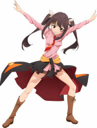 Rule 34 | 1girl, absurdres, artist request, black cloak, black hair, boots, breasts, brown footwear, cloak, clothes around waist, diagonal-striped clothes, diagonal-striped necktie, dress, floating clothes, floating neckwear, full body, funifura, hair ornament, hair ribbon, hands up, highres, knee boots, kono subarashii sekai ni bakuen wo!, kono subarashii sekai ni shukufuku wo!, leaning to the side, long hair, looking at viewer, medium breasts, necktie, official art, orange necktie, outstretched arms, parted lips, pink dress, promotional art, red cloak, red eyes, red necktie, red prison magic school uniform, red pupils, red ribbon, ribbon, school uniform, short dress, sidelocks, simple background, smile, solo, spread legs, striped clothes, tachi-e, third-party source, twintails, two-sided fabric, two-tone cloak, v-shaped eyebrows, very long hair, white background, white ribbon, x hair ornament