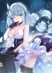 Rule 34 | 1girl, bare arms, bare shoulders, black choker, black gloves, black thighhighs, blue hair, blunt bangs, blush, braid, breasts, bug, butterfly, choker, cleavage, collarbone, cowboy shot, dress, facial mark, fingers to mouth, flower, girls&#039; frontline, gloves, green eyes, hair ornament, hair scrunchie, hairband, himonoata, hk416 (girls&#039; frontline), hk416 (starry cocoon) (girls&#039; frontline), insect, jewelry, layered dress, leotard, light particles, long hair, looking at viewer, low twintails, medium breasts, official alternate costume, pendant, petals, scrunchie, side braid, solo, standing, strapless, strapless leotard, suitcase, thighhighs, twintails, white dress, white flower, white hairband