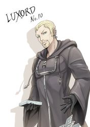 Rule 34 | 1boy, beard, black coat (kingdom hearts), blonde hair, card, character name, closed mouth, facial hair, gloves, gogo (detteiu de), green eyes, jewelry, kingdom hearts, kingdom hearts ii, looking at viewer, luxord, male focus, organization xiii, playing card, simple background, solo, white background