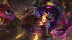 Rule 34 | 1girl, :d, apron, artist name, bag, bead bracelet, beads, bittersweet lulu, bracelet, candy, candy cane, cane, cupcake, dress, fairy, fang, food, hat, heterochromia, highres, holding, holding cane, hozure, jewelry, layered dress, league of legends, long hair, lulu (league of legends), nail polish, open mouth, pink eyes, pix (league of legends), puffy short sleeves, puffy sleeves, purple hair, short sleeves, smile, teeth, tongue, wings, witch hat, yellow eyes, yordle