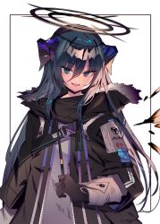 Rule 34 | 1girl, arknights, black border, black gloves, black jacket, black shirt, blue eyes, blue hair, border, clenched hand, commentary request, cowboy shot, gloves, halo, head tilt, hood, hood down, hooded jacket, horns, jacket, long hair, long sleeves, looking at viewer, mostima (arknights), open clothes, open jacket, open mouth, shirt, sidelocks, smile, solo, soukou makura, unzipped, white background, white gloves, wings