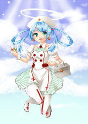 Rule 34 | 10s, angel feather, blue hair, boots, bracelet, cardfight!! vanguard, dress, earrings, feathers, first aid kit, frilled dress, frills, green eyes, hair tie, halo, hat, high heel boots, high heels, jewelry, long hair, looking at viewer, nurse, nurse cap, sunny smile angel, thighhighs, tools, wings
