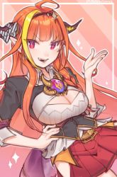 Rule 34 | 1girl, ahoge, artist name, blonde hair, blunt bangs, bow, braid, breast cutout, breasts, cleavage, cowboy shot, dragon girl, dragon horns, dragon tail, eyes visible through hair, hairband, hand on own hip, hololive, horn bow, horn ornament, horns, jewelry, kiryu coco, kiryu coco (1st costume), large breasts, long hair, looking at viewer, meen, multicolored hair, necklace, open mouth, orange hair, pointy ears, red eyes, red skirt, single braid, skirt, solo, striped, striped bow, tail, teeth, tongue, twitter username, two-tone hair, virtual youtuber, watermark