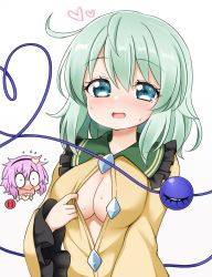 Rule 34 | 2girls, :d, black hairband, blush, breasts, commentary request, frilled sleeves, frills, hair ornament, hairband, hand up, heart, heart hair ornament, heart of string, highres, komeiji koishi, komeiji satori, long hair, long sleeves, looking at viewer, medium breasts, medium hair, multiple girls, no bra, one eye closed, open clothes, open mouth, open shirt, partially unbuttoned, shirt, siblings, sisters, smile, solo focus, suwa yasai, third eye, touhou, undressing, upper body, wide sleeves, yellow shirt