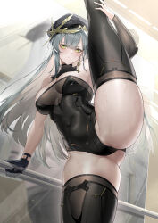Rule 34 | 1girl, absurdres, aether gazer, bare arms, bare shoulders, black gloves, black hat, black leotard, black thighhighs, blush, breasts, character request, chinese commentary, commentary request, covered navel, earrings, gloves, gluteal fold, green eyes, grey hair, hat, highleg, highleg leotard, highres, jewelry, large breasts, leotard, long hair, looking at viewer, mirror, parted lips, shanyao jiang tororo, single earring, solo, split, standing, standing on one leg, standing split, sweat, thighhighs, thighs