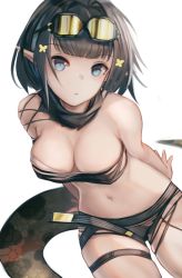 Rule 34 | 1girl, absurdres, arknights, bandeau, bare shoulders, black hair, black panties, black scarf, blue eyes, blunt bangs, chinese commentary, commentary request, cowboy shot, eunectes (arknights), goggles, goggles on head, highres, laozhanshi, looking at viewer, midriff, navel, panties, partial commentary, pointy ears, scarf, short hair, simple background, snake tail, solo, stomach, strapless, tail, thigh strap, thighs, torn clothes, tube top, underwear, white background