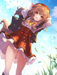 Rule 34 | 1girl, animal ears, arms up, beret, blush, bone hair ornament, bow, bowtie, brown hair, capelet, collared shirt, day, dog ears, dog girl, dog tail, falling petals, frilled skirt, frills, from below, hair ornament, hat, high-waist skirt, highres, hololive, inugami korone, inugami korone (street), layered skirt, long hair, long sleeves, looking at viewer, mimike, open mouth, outdoors, petals, plaid, plaid bow, plaid bowtie, plant, shirt, skirt, sky, smile, solo, tail, virtual youtuber, yellow eyes