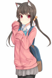 Rule 34 | 1girl, animal ears, bell, cardigan, cat ears, colored eyelashes, long hair, md5 mismatch, original, pantyhose, red eyes, resolution mismatch, school uniform, shuuichi, simple background, skirt, sleeves past wrists, solo, source larger, twintails