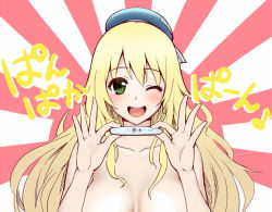 Rule 34 | 10s, 1girl, atago (kancolle), blonde hair, green eyes, hat, imada hidehito, kantai collection, long hair, looking at viewer, one eye closed, open mouth, pan-pa-ka-paaan!, pregnancy test, pregnant, rising sun flag, solo, sunburst, text focus, topless, translated