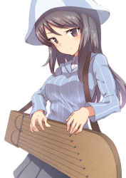 Rule 34 | 10s, 1girl, bad id, bad pixiv id, blue hat, breasts, brown eyes, brown hair, girls und panzer, hat, instrument, kantele, long hair, looking at viewer, matching hair/eyes, mika (girls und panzer), ryuinu, school uniform, smile, solo