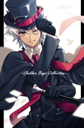 Rule 34 | 1boy, amakusa shirou (fate), belt buckle, black capelet, black gloves, black hat, brown eyes, buckle, cane, capelet, card, earrings, english text, fate/grand order, fate (series), formal, gloves, glowing, grey hair, hair between eyes, hat, highres, holding, holding cane, jewelry, light particles, male focus, mask, monocle, necktie, neckwear request, one eye closed, parted lips, red necktie, solo, suit, tatsuma daisuke, unworn mask