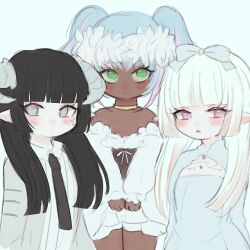 3girls au_ra averting_eyes black_hair black_necktie blonde_hair blue_dress blue_eyes blue_hair blush blush_stickers cleavage_cutout closed_mouth clothing_cutout dark-skinned_female dark_skin dot_mouth dragon_horns dress eyebrows_hidden_by_hair final_fantasy final_fantasy_xiv flat_chest green_eyes hair_ribbon head_wreath highres horns lalafell looking_at_viewer lowrouge multicolored_hair multiple_girls necktie open_mouth pink_eyes pointy_ears ribbon shirt simple_background strapless strapless_dress streaked_hair upper_body warrior_of_light_(ff14) white_background white_dress white_shirt